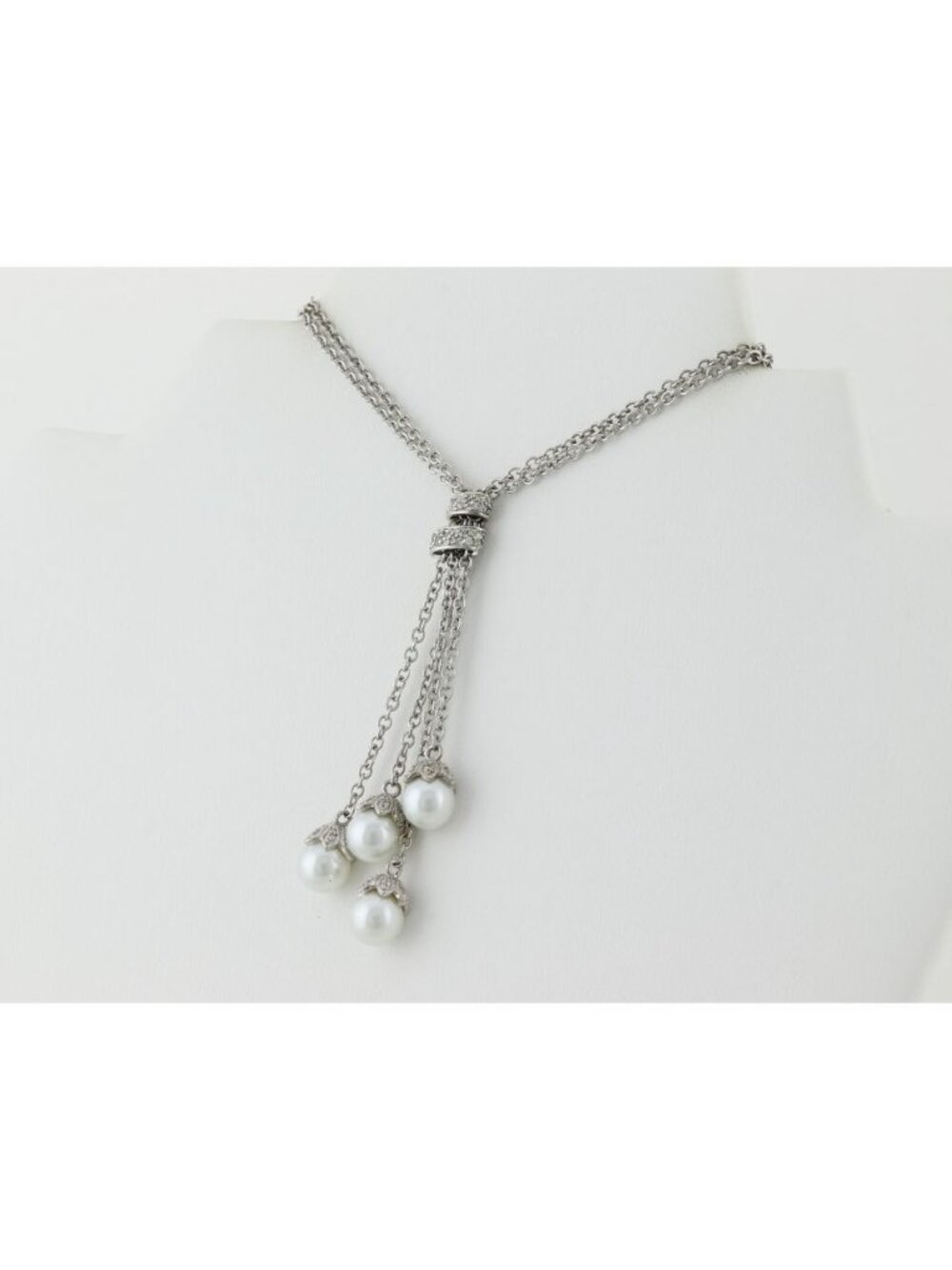 Sterling Silver Two Strand Pearl Lariat Drop Necklace 16" to 18"
